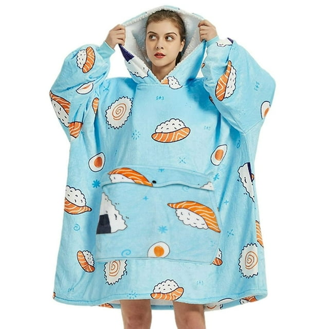 Oversized Hooded Blanket Sweatshirt with Kangaroo Pocket Printing Flannel Sherpa Blanket Double Layer Super Soft Warm Cozy Wearable Thick Hoodie One Size Fits All - Mother & Daughter Gi
