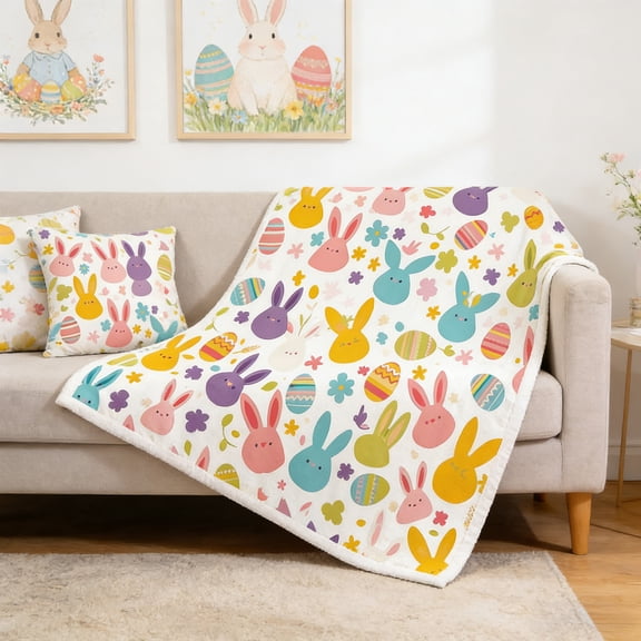 Orangide Easter Peeps Bunny Flannel Blanket, Cute Rabbit Easter Eggs Throw Blanket Gifts for Kids Men Women, Colorful Polka Dot Spring Soft Blanket for Bedding Sofa 30 x 40 Inch