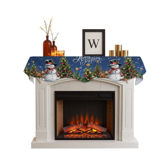 Navy Blue Christmas Fireplace Mantel Scarf, Snowman Xmas Tree Snowflake Gifts Elk Mantel Cover Table Runner, Fireplace Top Dresser Scarves for Party Holiday Living Room Home Decoration 90x17 Inch