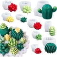 thumbnail image 1 of Moldes de cera para suculentas para hacer velas, paquete de 10 moldes de silicona para cactus 3D, hechos a mano, plantas de cactus con flores, decoración de cemento, resina de fundición, jabón, rno, 1 of 4