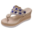 thumbnail image 5 of Rokment Glitter Rhinestones Pearl Platform Flip Flops Backless Slip on Dress Sandals for Women Ethnic Boho Delicate Wedge Chunky Heels Slides Summer Slippers Blue Size 9, 5 of 6