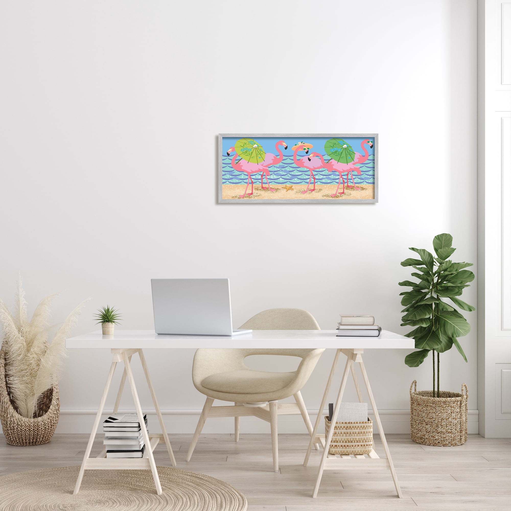 Stupell Industries Pink Flamingos with Floral Umbrellas Beach Waves, 13 x 30, Designed by Sally Springer Griffith