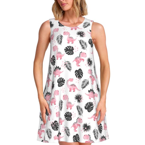 Fotbe Cute Dinosaur Vestido de Verano sin Mangas para Mujer – Vestido Midi Línea A, Estilo Camiseta Floral, Vestido Playero Casual y Fluido
