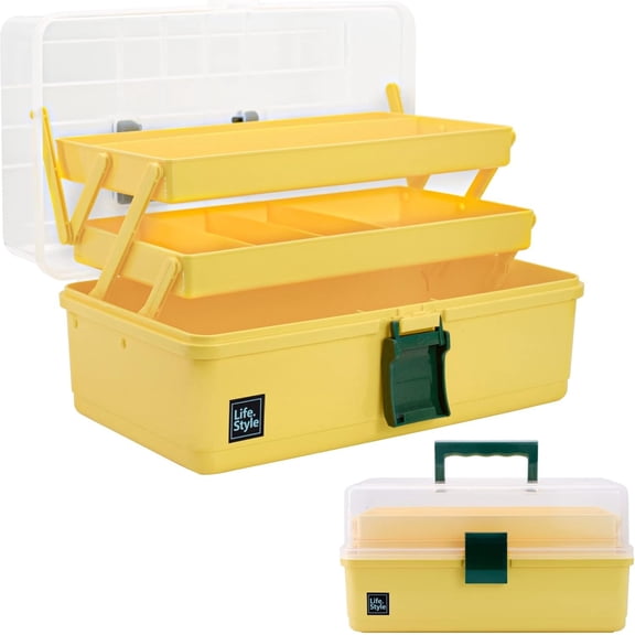 13 inch Art Craft Organizer Storage Box with 3 Layer, Multipurpose Plastic Tool Box with Handle for Sewing, Art , , , Hair Accessories (Yellow)