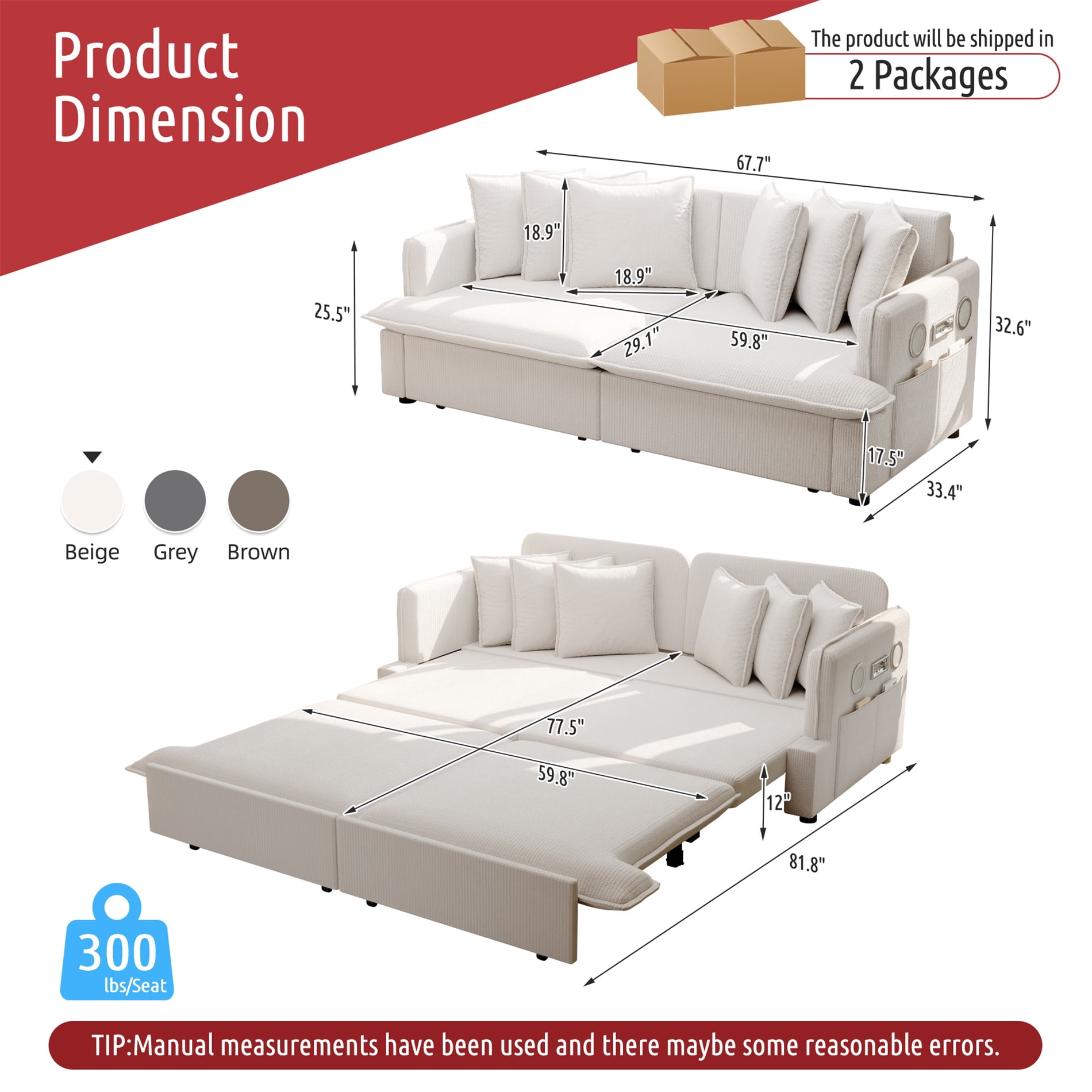 Alvantor 3 in 1 Convertible Sleeper Sofa Bed, 68" W Pull Out Sofa Bed with Bluetooth Speakers, USB Ports for living room, Apartment, Beige