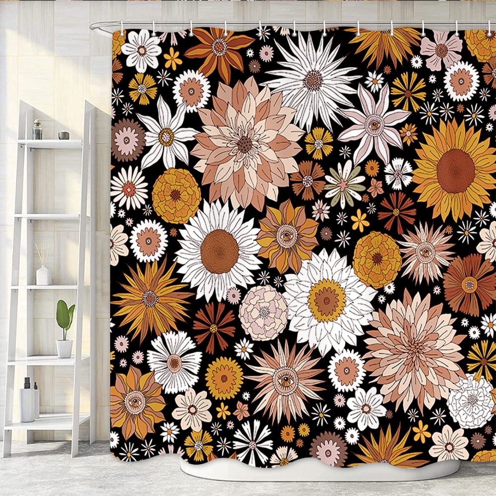 Fowocu Boho Floral Shower Curtain - Blue Abstract Flowers, Waterproof Fabric, 72x72 Inches