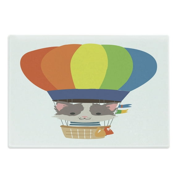 Hot Air Balloon Cutting Board, Cartoon Animal Kitten in Adventurous Sky Rainbow Vehicle Illustration, Decorative Tempered Glass Cutting and Serving Board, in 3 Sizes, by Ambesonne