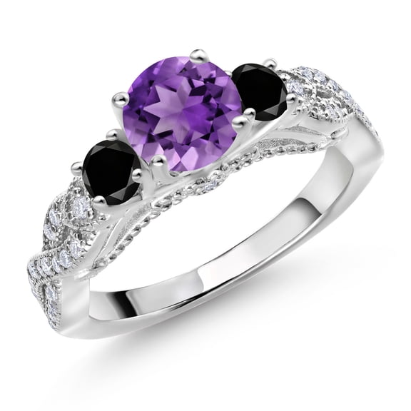 Gem Stone King 925 Sterling Silver Purple Amethyst Black Diamond and White Moissanite Engagement Ring for Women (1.47 Cttw, Gemstone February Birthstone, Round 6MM and 3MM, Size 7)