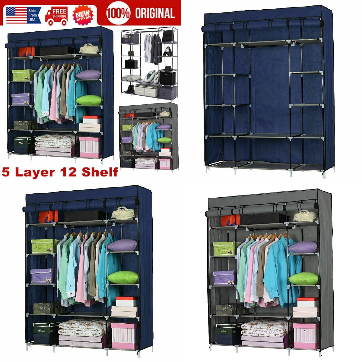 Easy to Assemble Black 5-Layer 12-Compartment Wardrobe Shelves Zippered Dustproof Cover Non-Woven Fabric Clothes Closet Wardrobe Storage Organizer with Movable Clothes Hanging Rods 