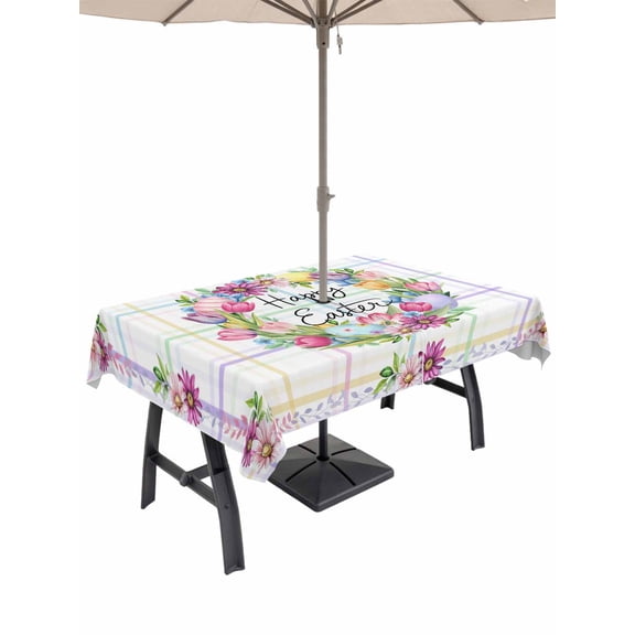Happy Easter Outdoor Tablecloth - 52x70 Inch Rectangle Dining Table Cover, Watercolor Floral Daisy Wreath Eggs Colorful Plaid Waterproof Outdoor Table Cloth with Umbrella Hole & Zipper for Patio