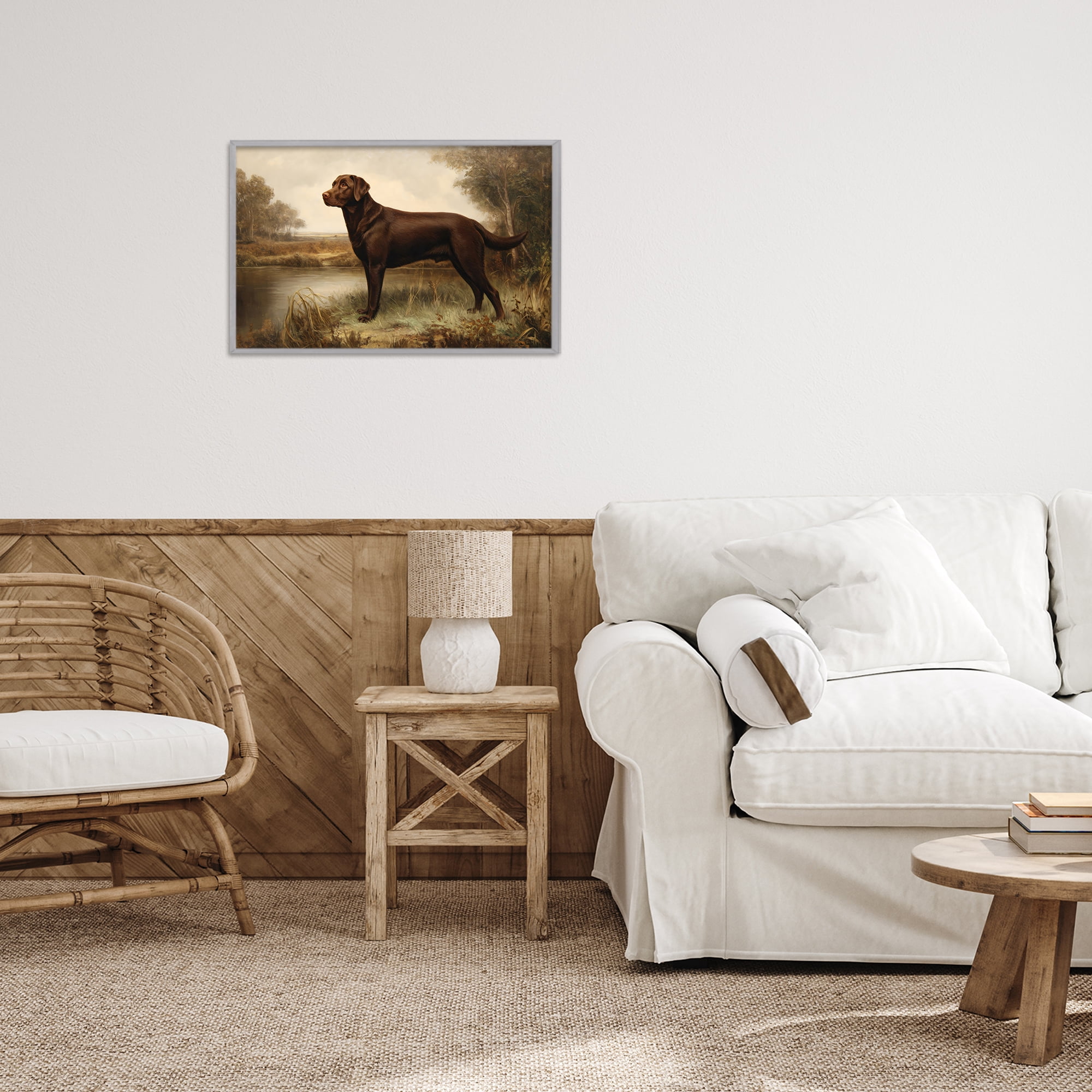 Stupell Industries Brown Lab By The River Gray Framed Giclee Art, design by Petal Prints Design