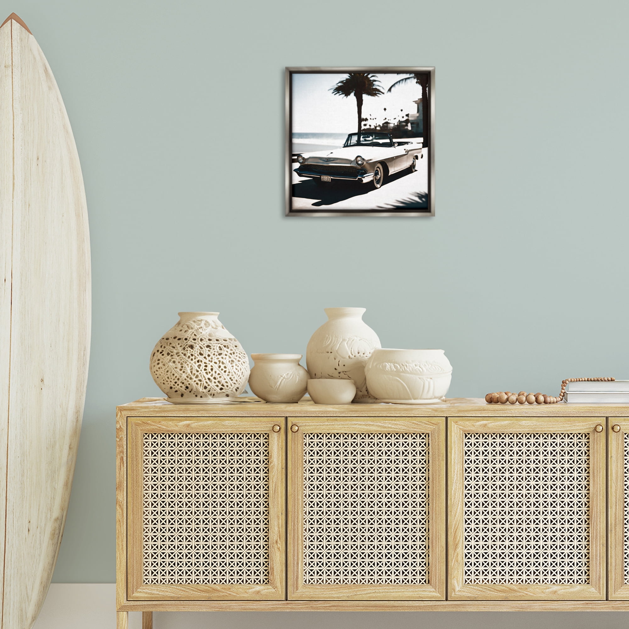 Stupell Industries California Cruise Antique Car Transportation Painting Gray Floater Framed Canvas Art Print Wall Art, 18 x 18