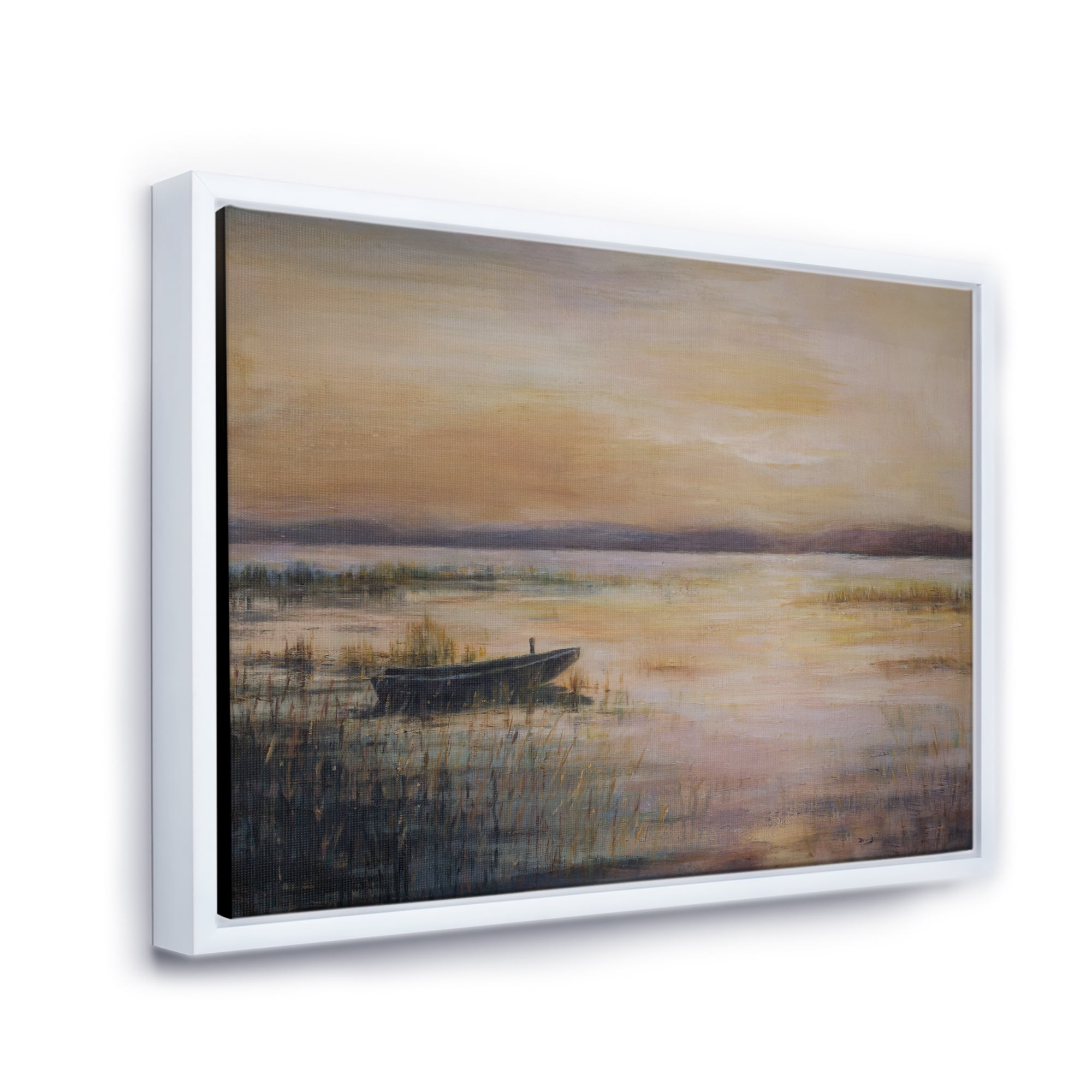 Designart 'Pastel Boat Sunset Over The Lake' Nautical & Coastal Framed Canvas Wall Art Print