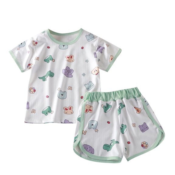 IFNWSV Toddler Outfits for Girls Short Sleeve Crew Neck Print Tee Elastic Shorts Pajama Set Green 6 Years