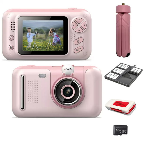 flotante subterraneo lámpara Acuvar Full 1080P Kids Selfie Flip Lens HD Digital Photo & Video  Rechargeable Camera with 2" Screen, Matching Handheld Tripod, 32GB Card,  Memory Card Case, Card Reader & Micro USB Charging (Pink