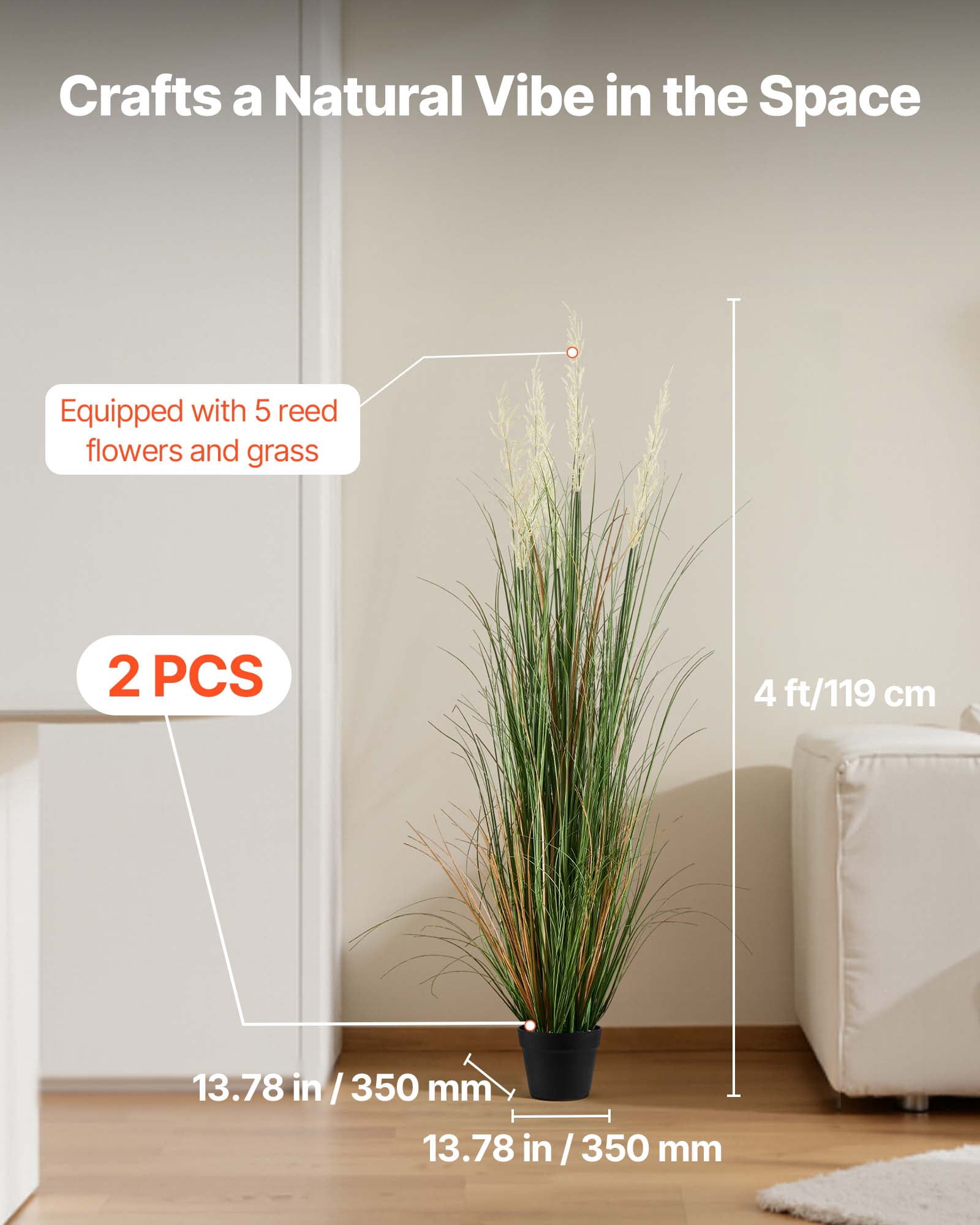VEVOR Artificial Grass Plant, 2 Pack 47 inch Reed Flower Grass in Pot, Premium PVC Faux Fake Greenery Shrubs Plant for Indoor Outdoor House Home Garden Office Room Décor, Housewarming, Green