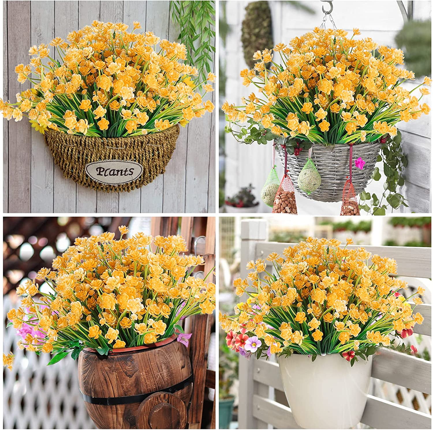 Morttic Artificial Flowers for Outdoors Plastic UV Resistant Faux Flowers Decoration Greenery Garden Shrubs，Bulk Fake Flowers in Vase (Yellow 4pcs)