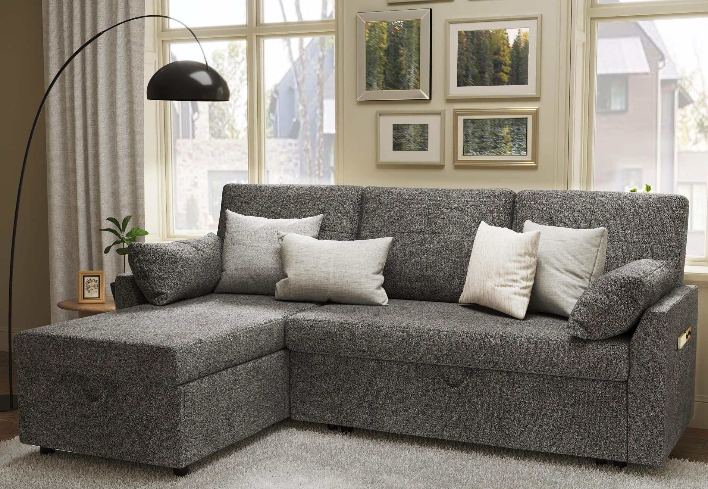 VANACC Sleeper Sofa with Storage Chaise-2 in 1 Pull Out Couch Bed for Living Room, Sectional Couch,Gray