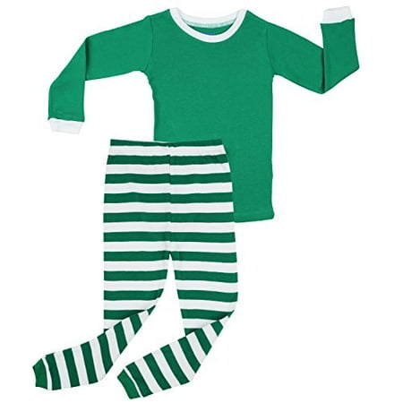 Elowel Matching Family Christmas Pajamas - Green Top & Striped Pants 2-Piece Set
