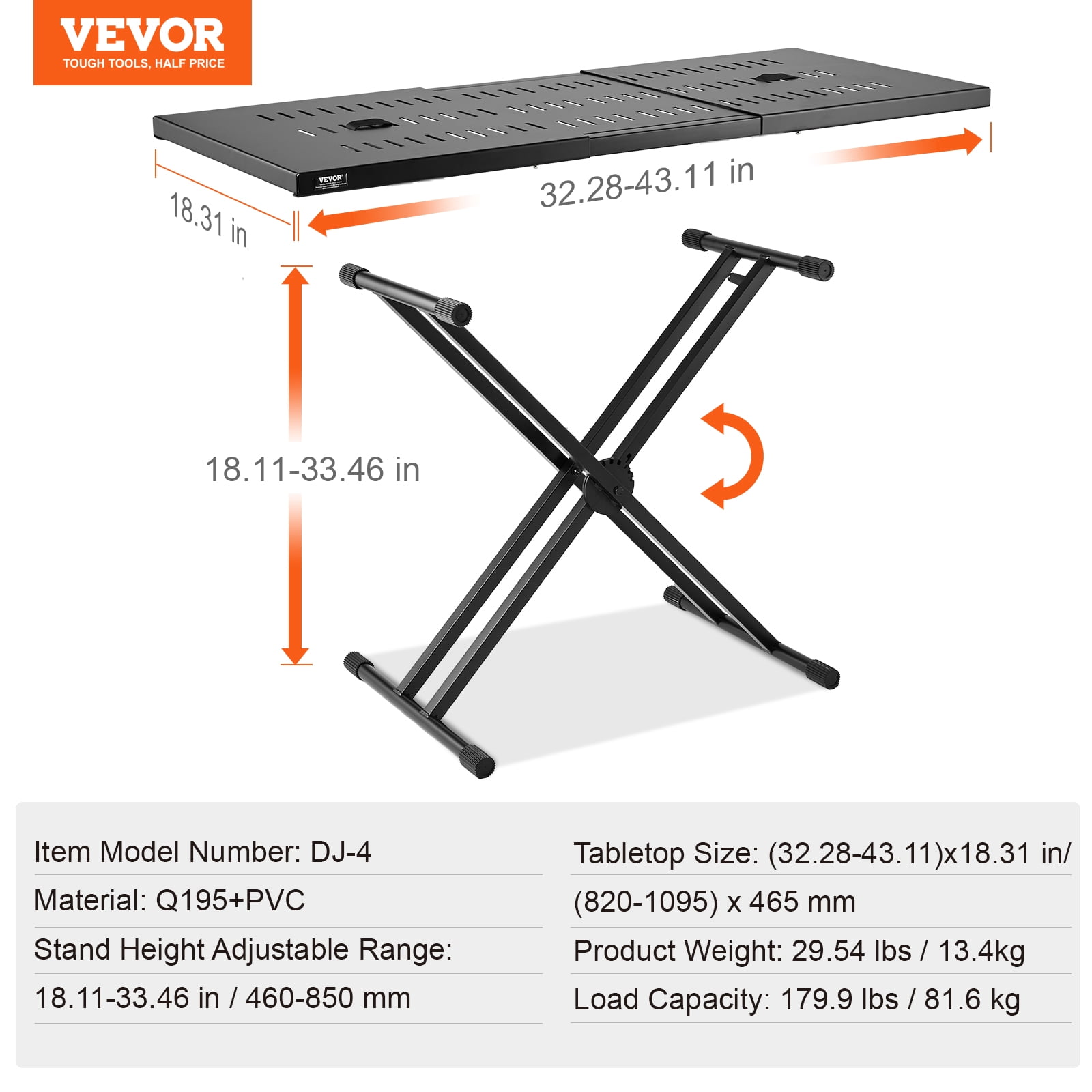 VEVOR DJ Table Stand, (32"-43") x 18" Portable DJ Laptop and Controller Stand, Lightweight DJ Desk DJ Booth Adjustable Height DJ Stand, Foldable Double-X Keyboard Stand & Tabletop, Audio Mixer Stand