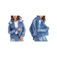 thumbnail image 2 of Michellecmm Women's Ripped Jean Jacket Casual Lapel Neck Long Sleeve Button Down Denim Tops for Daily Office Party, 2 of 6