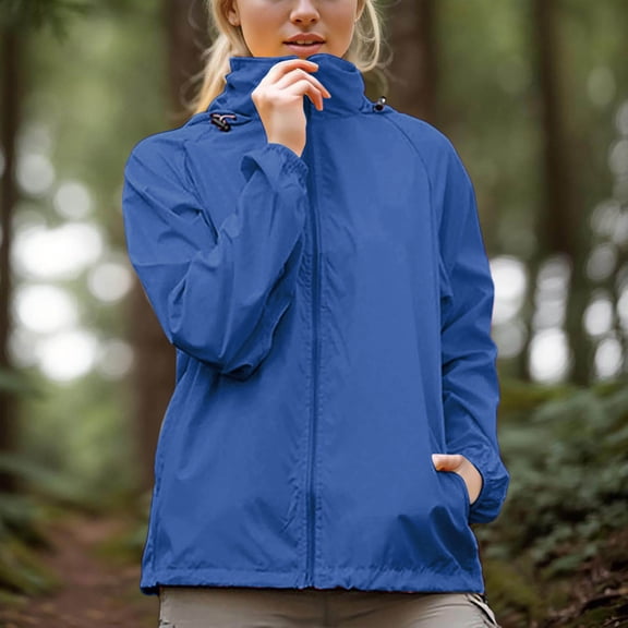 uublik Women Rain Jacket With Hood Lightweight Raincoat Hooded Windbreaker with Pockets for Outdoor Blue Clothes