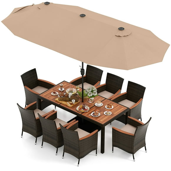 Gymax 9 Piece Patio Wicker Dining Set w/ Double-Sided Patio Coffee Umbrella Stackable Chairs