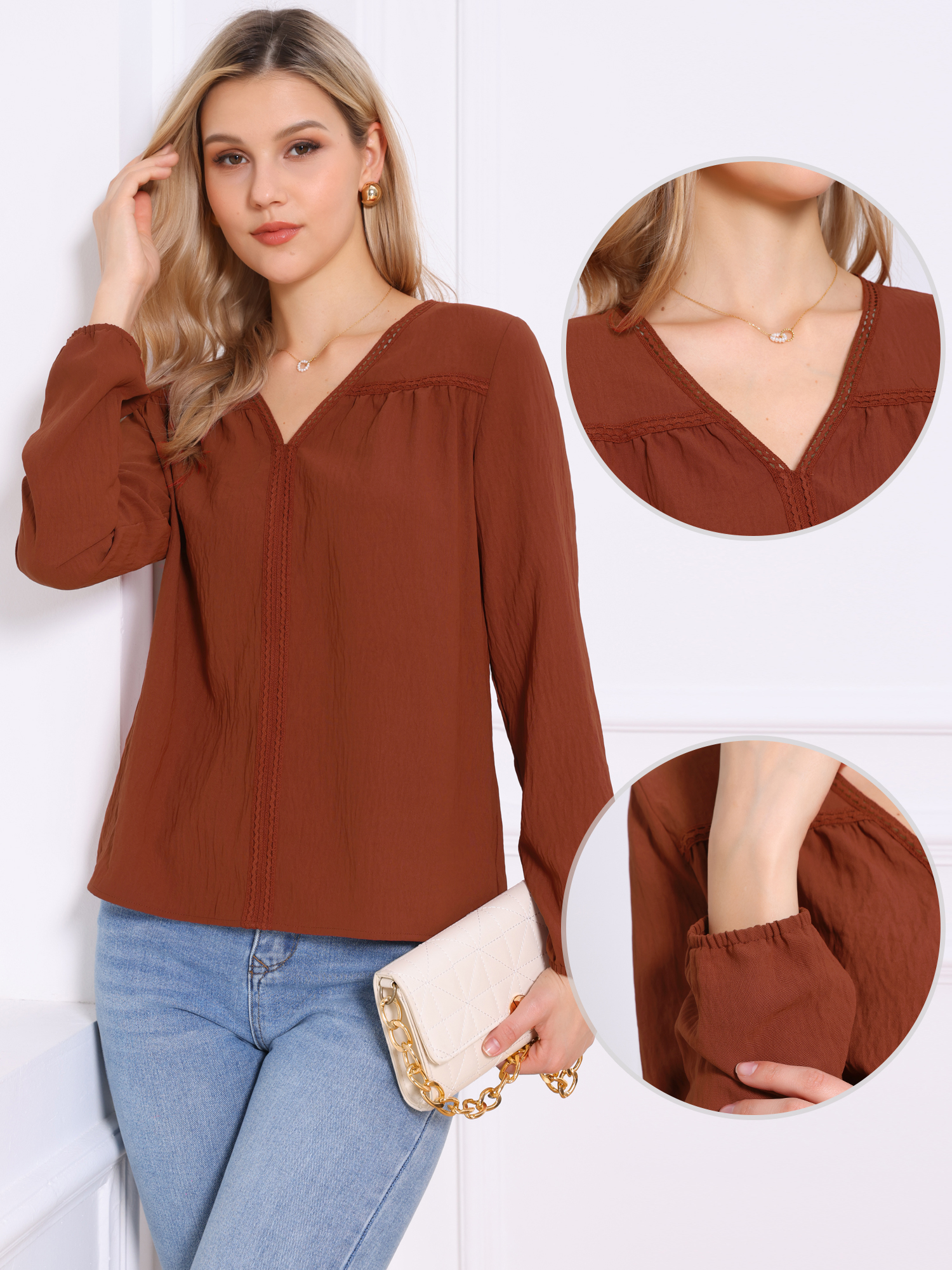 DARING DIVA Women's Elegant Casual V Neck Long Sleeve Blouse L Orange Brown