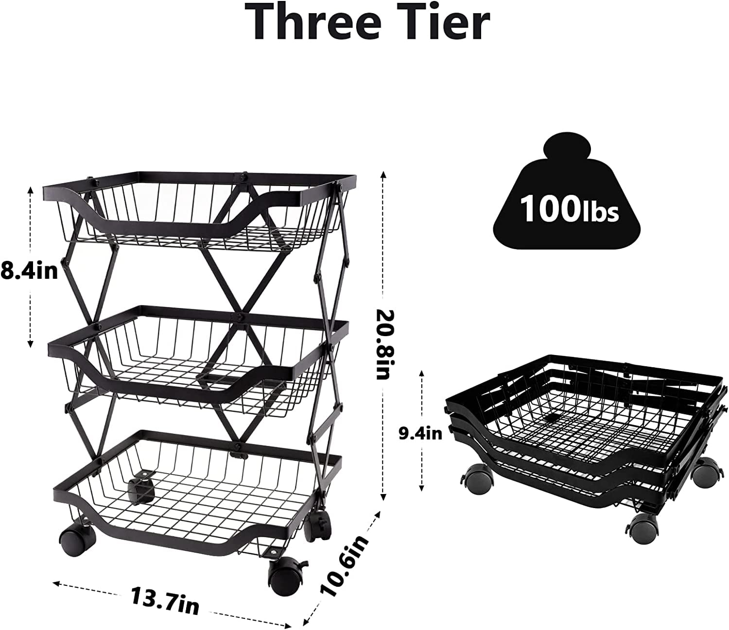  Z&L HOUSE 3 Tier Fruit Vegetable Basket for Kitchen, Extra  with 2 Metal Wire Baskets, Stackable and Practical Fruit Rack, Kitchen  Pantry Multifunctional Storage Cart for Onions and Potatoes (Black)