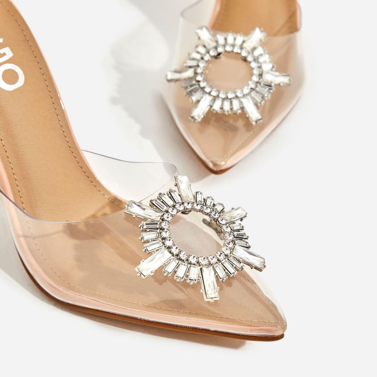 Midnight diamante detail perspex clear heel mule in nude patent Clearance