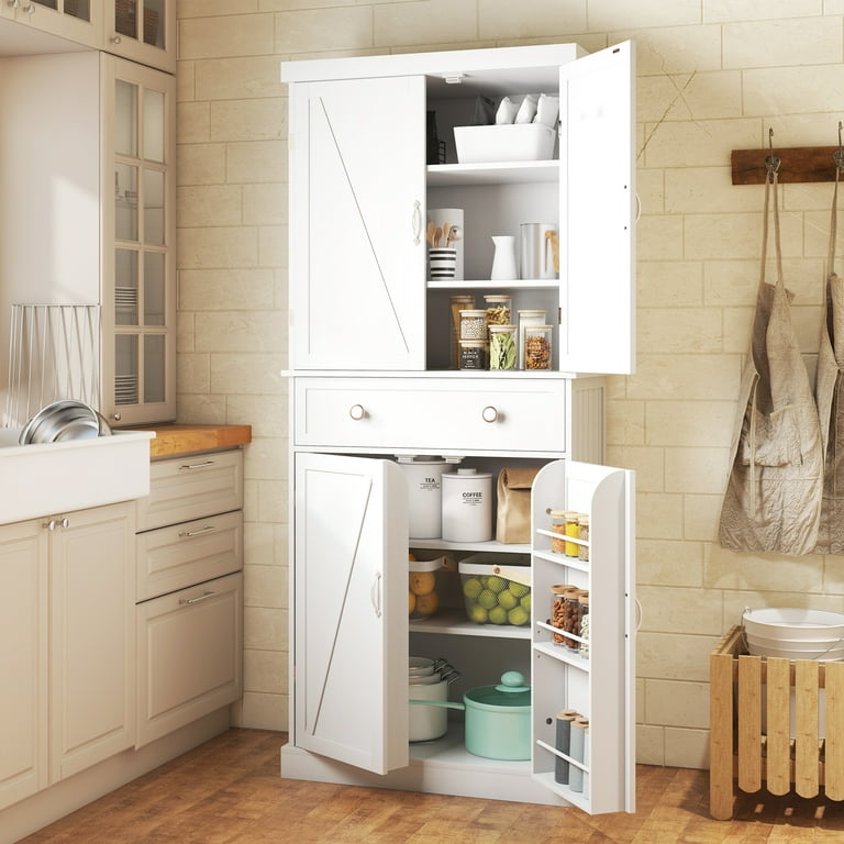 Homfa Kitchen Food Pantry Cabinet, 63.5'' Tall Storage Cabinet with Frosted  Glass Doors and Adjustable Shelves, White