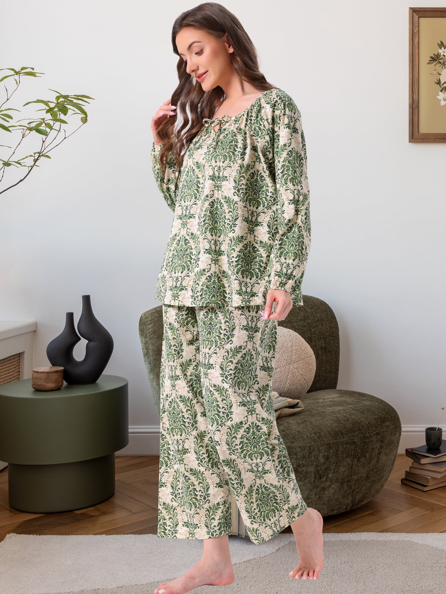 DARING DIVA Women's Long Sleeve Floral Pullover Tie Front Wide Leg Pajamas XL Light Green