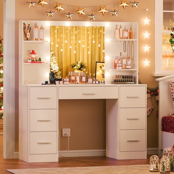 TEENFON Large Vanity Desk with LED Lighted Mirror & Power Outlet,Makeup Vanity Table with 7 Drawers,4 Shelves and 5 Hooks,Vanity Table, Vanity Desk Set for Bedroom,Bathroom,White