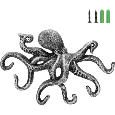 

Cast Iron Coat Hook Octopus Towel Holder with 6 Hooks Decorative Towel Rack with Screws Octopus Key Holder Wall Nautical Wall Hook for Enterway Bathroom Retro Silver