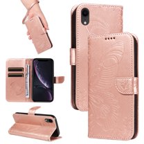 for iPhone XR Case Wallet for Women, Flip Folio Cover with Butterfly Pattern PU Leather Stand Card Holder Slots Wrist Strap Protective Phone Case for iPhone XR, Rosegold