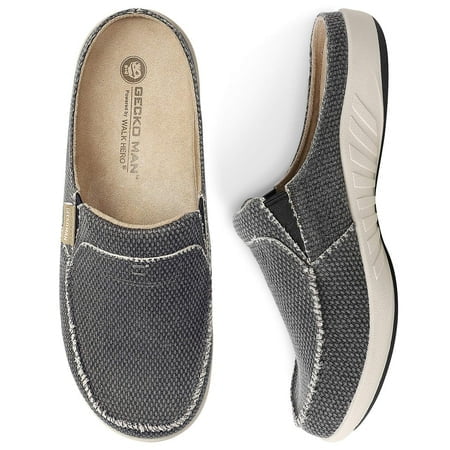 Mens Slippers with Arch Support, canvas House Slipper for Men with Suede Insole and Velvet Lining, Slip on clog House Shoes with Indoor Outdoor Anti-Skid Rubber Sole, Black, 95