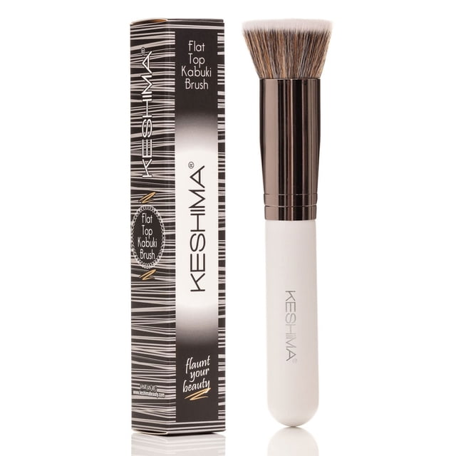 Keshima Foundation Brush Flat Top Kabuki - Brocha de base premium para crema y polvo de maquillaje líquido - Pulido para mezclar y rostro (tamaño regular blanco)