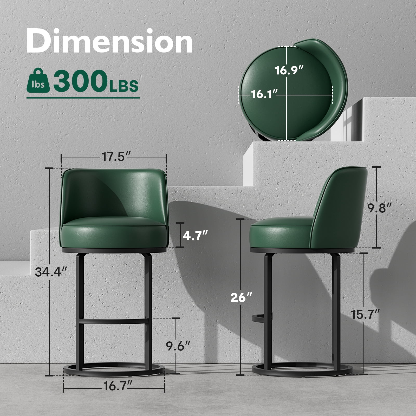 Genpo Bar Stools Set of 6, 26 inch Counter Height Bar Stools, Swivel Green Leather Barstools with Backs, Round Base, Footrest, Metal Legs for Kitchen Island