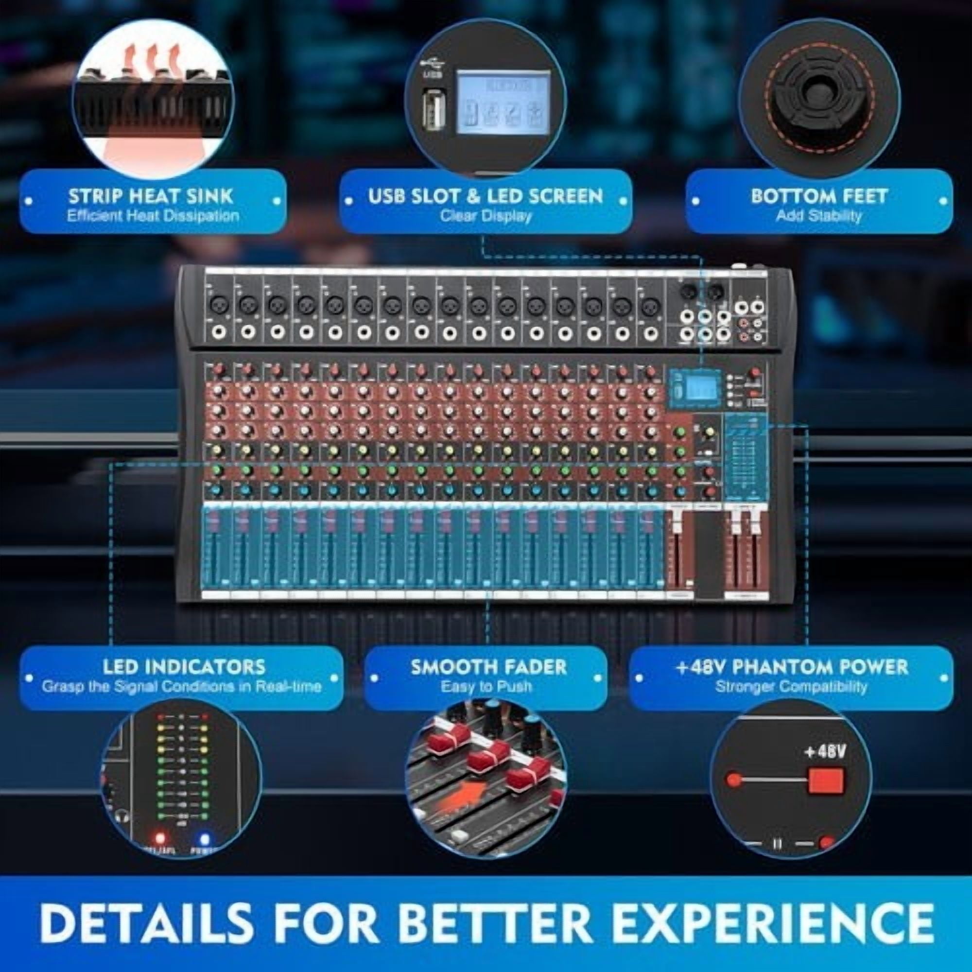 16-Channel Professional Audio Mixer,DJ Mixer Board with Bluetooth,48V Phantom Power, for Live Sound, Recording, Podcast, Karaoke,PC,Compatible with Various Devices,DJ Mixers