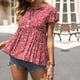 thumbnail image 4 of Camisas casuales holgadas de color rojo vino para mujer para citas y trabajo en verano, blusas con cuello en V y mangas cortas con volantes florales, 4 of 7