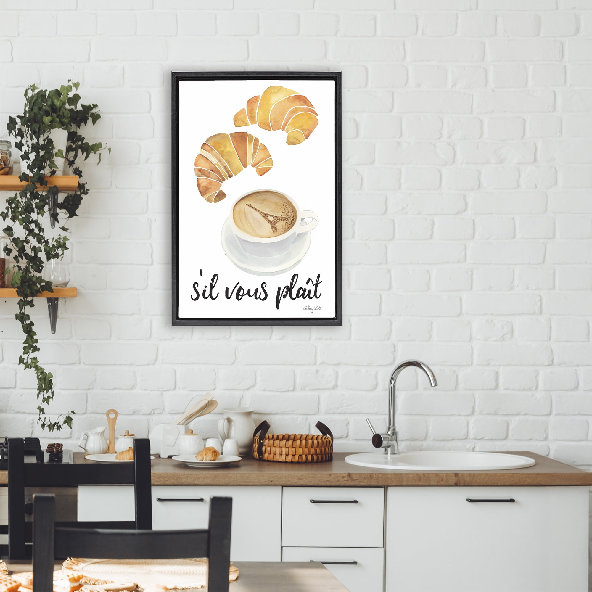 Stupell Industries Paris Croissant and Coffee Black Framed Floater Canvas Wall Art, design by Hillary Holt