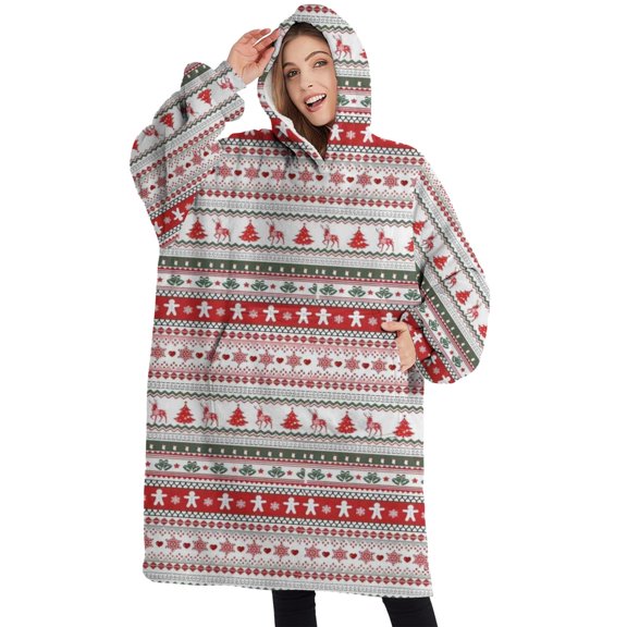 Oversized Wearable Blanket Hoodie,Red and White Christmas Striped Pattern Sherpa Blanket Hoodie with Super Pockets,Super Warm Fuzzy Pullover for Women & Men