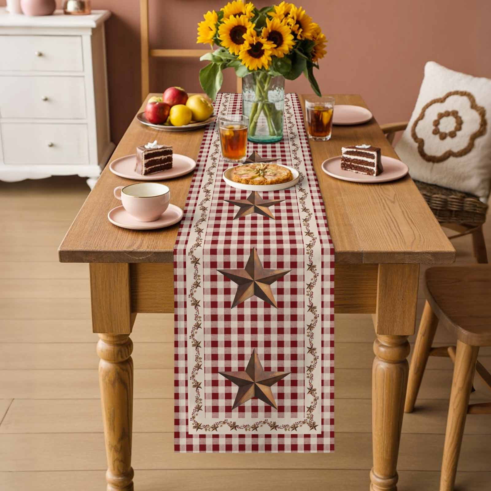 Rusty Country Stars Table Runner, Farmhouse Berries Vine Red Beige Plaid Cotton Linen Kitchen Table Decoration Washable Dining Tabletop Runners for Home Party Decor 13x108 Inches