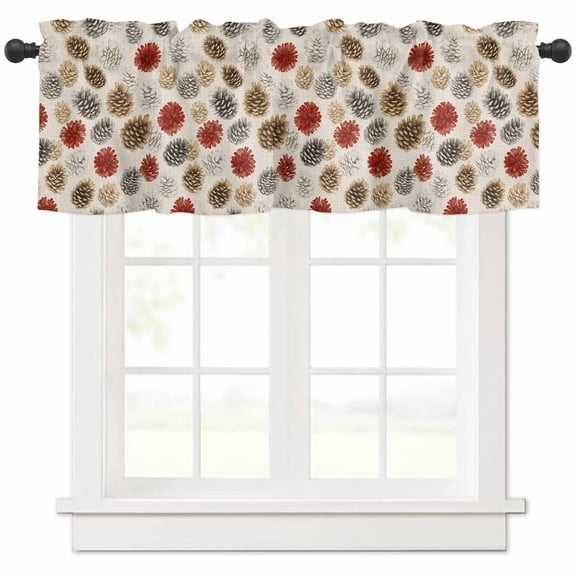 Winter Christmas Valances for Windows, Red and Beige Pine Cone Linen Grain Light Filtering Window Treatment Valances, Rod Pocket Small Curtains for Kitchen/Bathroom, 60"x18"