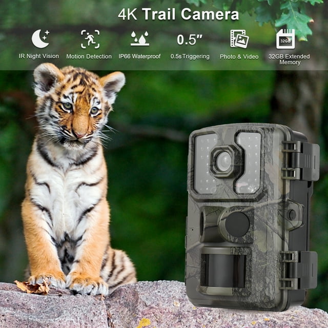 Wildlife 4K Trail Camera 16MP Wildlife Scouting Camera Tracking Camera with 2.0 Inch TFT Color Screen PIR Sensors 0.5s Trigger Time Supports Infrared Night Vision Motion Activated
