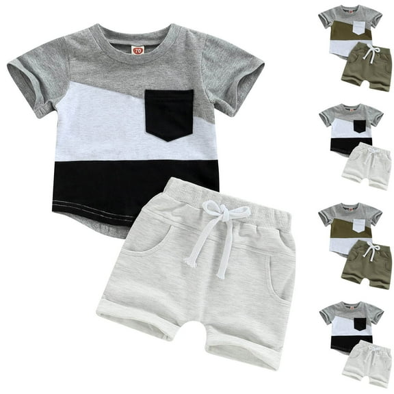 Bovxnpu Boys 2 Piece Outfits, Boy Short Set Cute T-Shirt Shorts, Boys' Casual Short Sleeve Turndown Collar Botton Solid Short Pants Sets 2 Years
