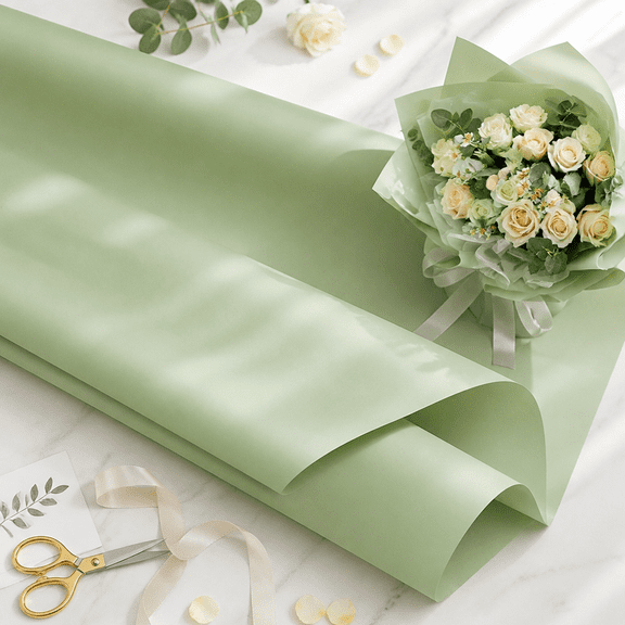 20 Sheets Floral Wrapping Paper – 22.4 x 22.4 Inch Light Green Water‑Resistant Bouquet Wrap for DIY Flowers, Gift Packaging, Weddings, and Birthdays