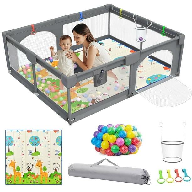 200×180×66 Corral para Bebés con Grande Tapete,Corral de Juegos para Bebe con 30 Pelotas Oceánicas,4 Asas,Aros de Baloncesto,Bolsa de Almacenaje,Malla Transpirable y Almohadillas Antideslizantes,Gris