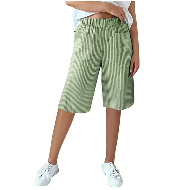 AherBiu Shorts Droits Taille Haute à Rayures pour Femmes avec Poches, XXXX-Large