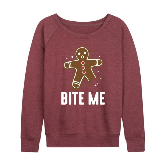 Instant Message - Bite Me Gingerbread Man Christmas - Women's Lightweight French Terry Pullover Long Sleeve Shirt